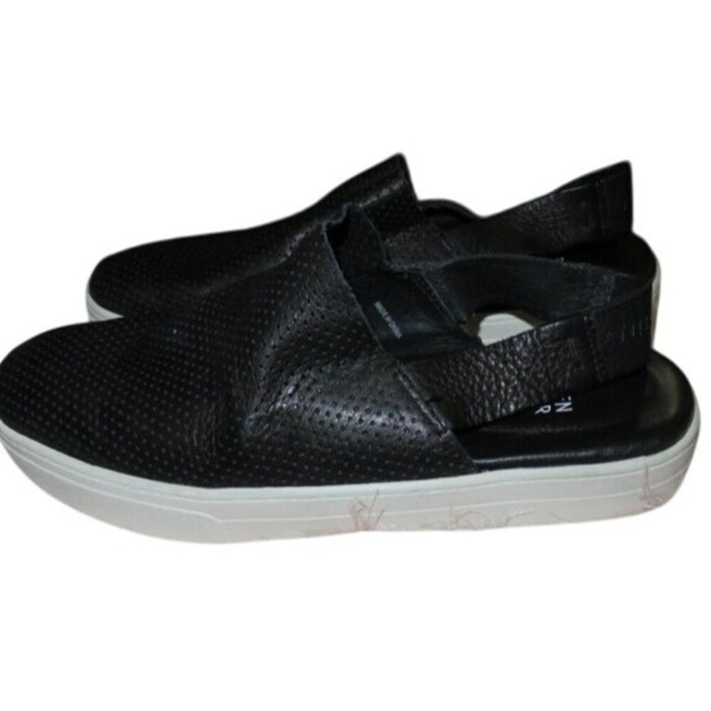Eileen Fisher Black Perforated Leather Platform Slip On Sneakers mules sz 7.5